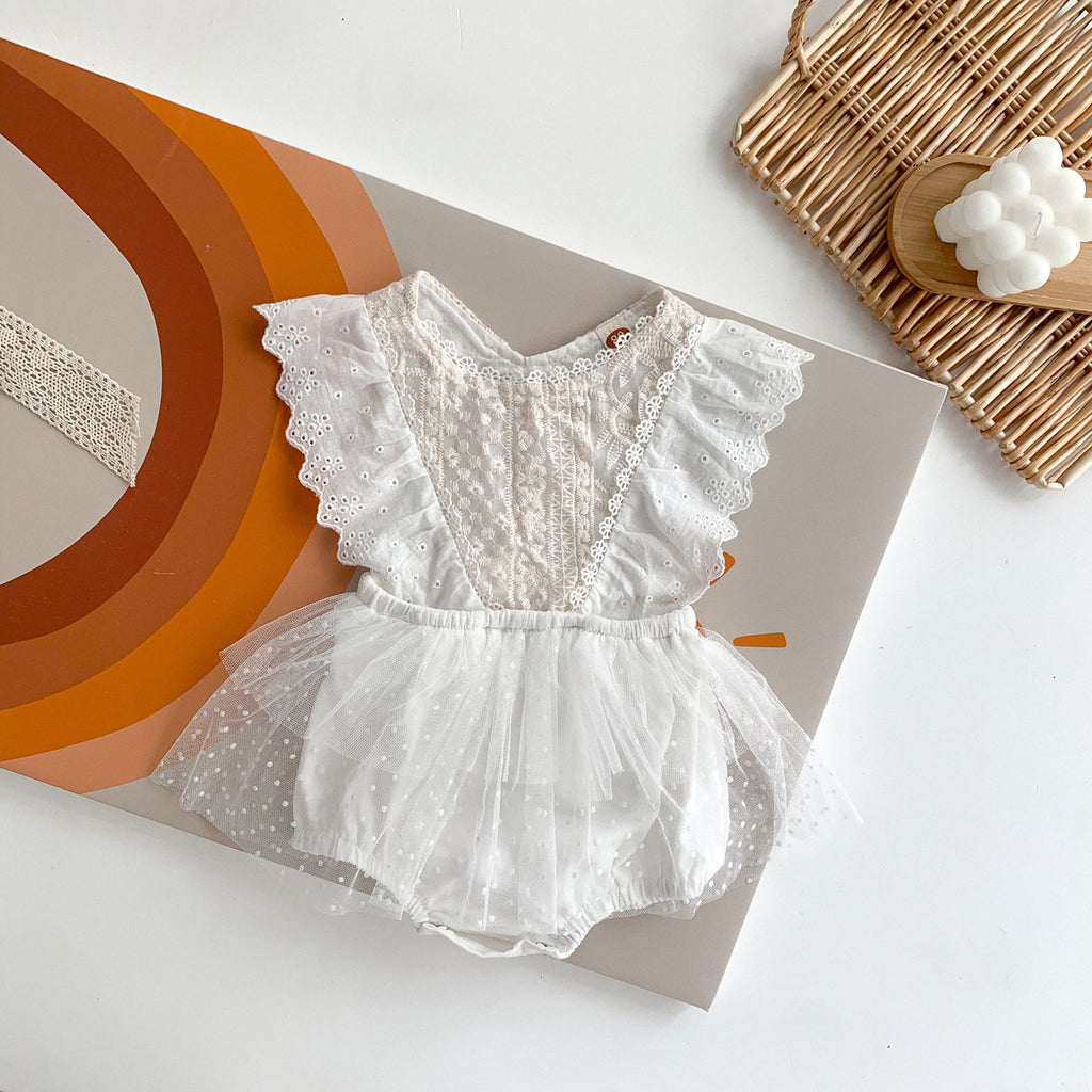Girls' White Lace Tulle Bow Dress | Sleeveless Summer Party Dress
