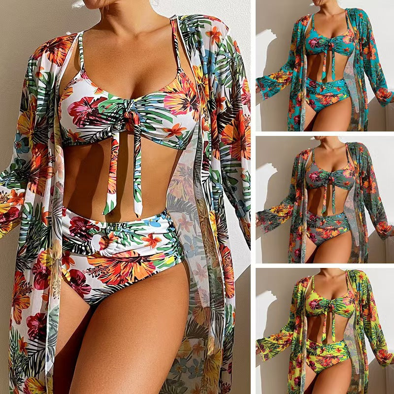 Women's Lace-Up Three-Piece Bikini Set with Mesh Skirt