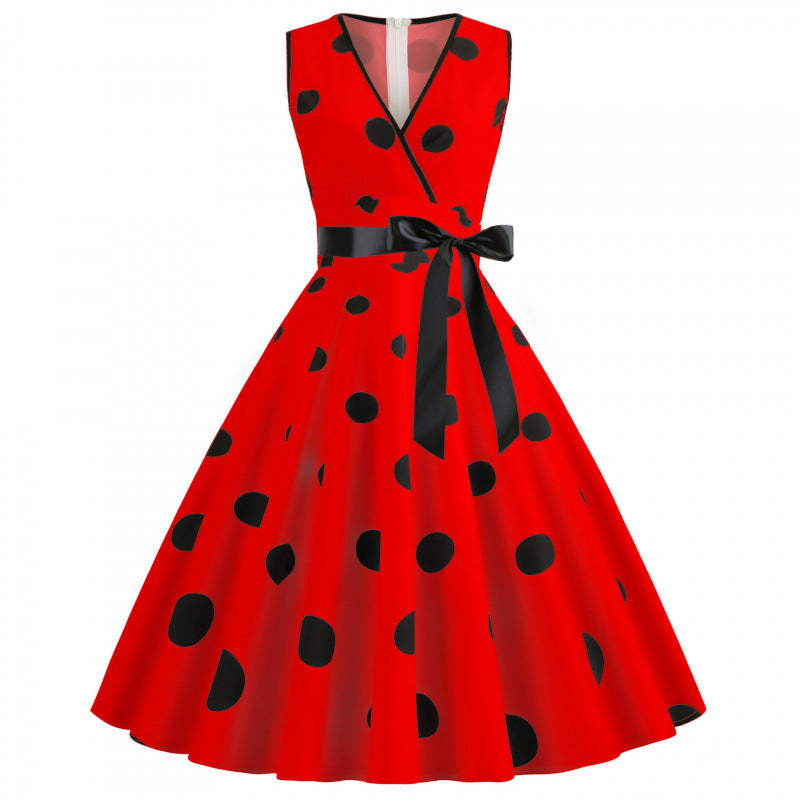 Women's Polka Dot Swing Dress | V-Neck Sleeveless Lace-Up Waist Midi Dress