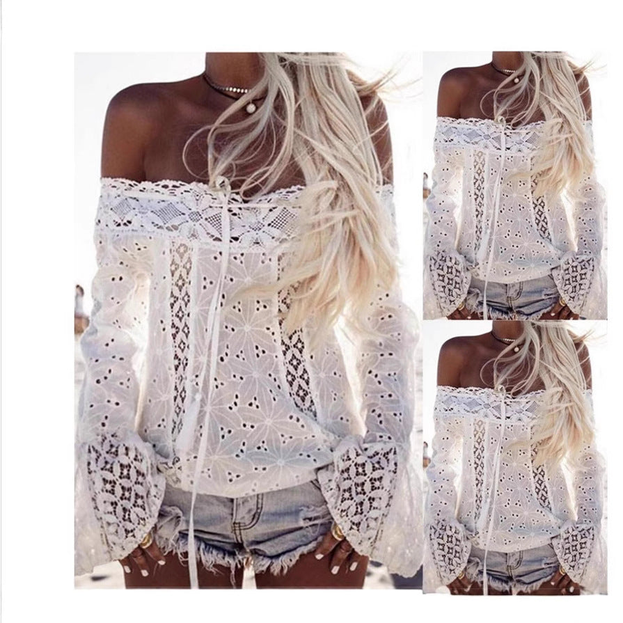 Women's Off-Shoulder Bell Sleeve Lace Top | Romantic Flowy Blouse