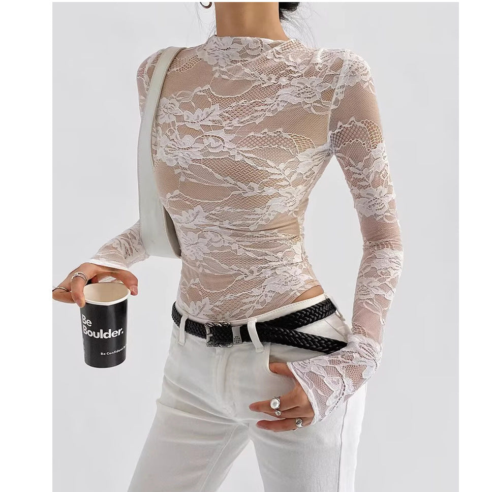 Women's Hollow Lace Long-Sleeve Slim Fit Top