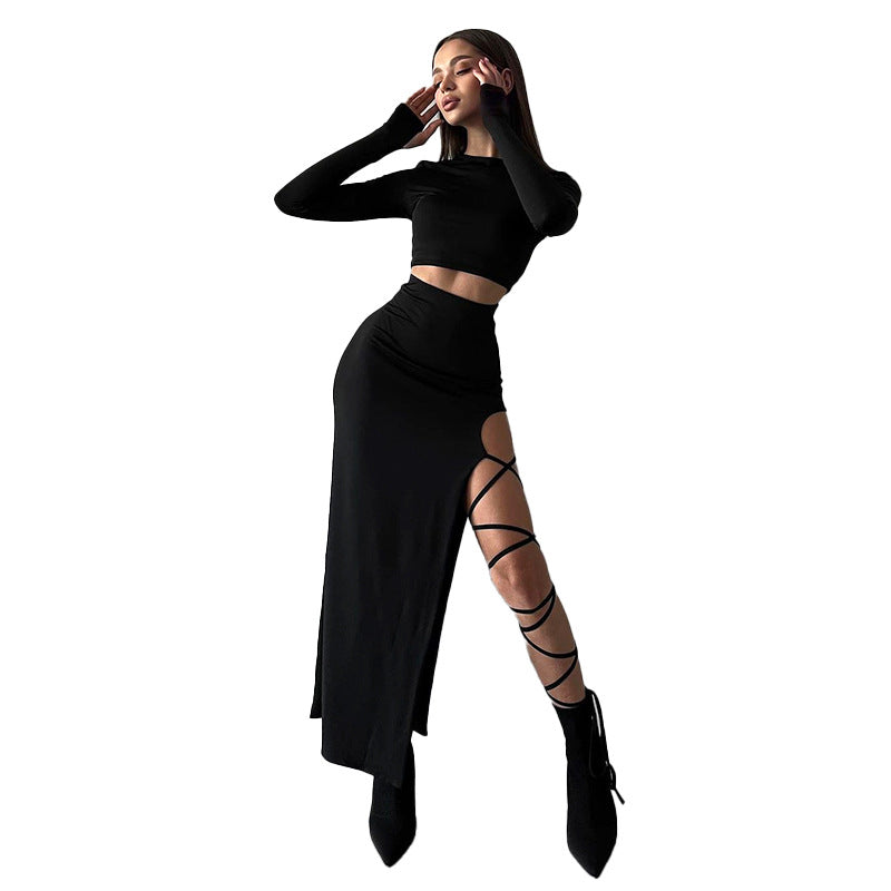 Women's Long Sleeve Crewneck Top & Slip Skirt Two-Piece Set | Slim Fit Autumn Outfit