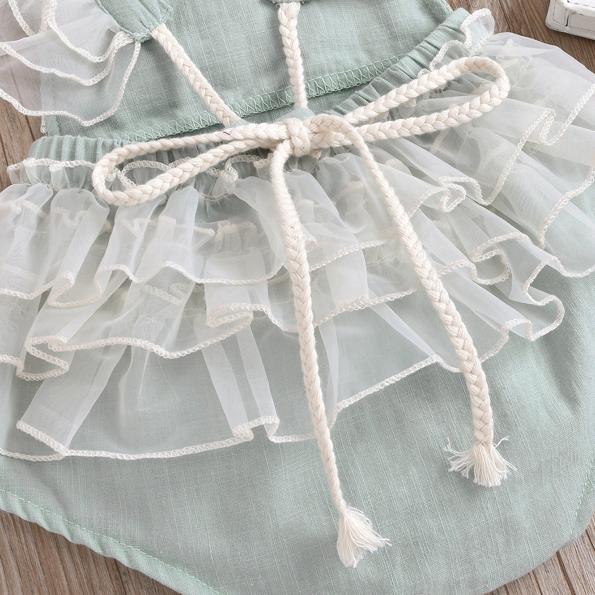 Baby Girl Gauze Lace Beaded Romper | Patchwork Lace-Up Jumpsuit
