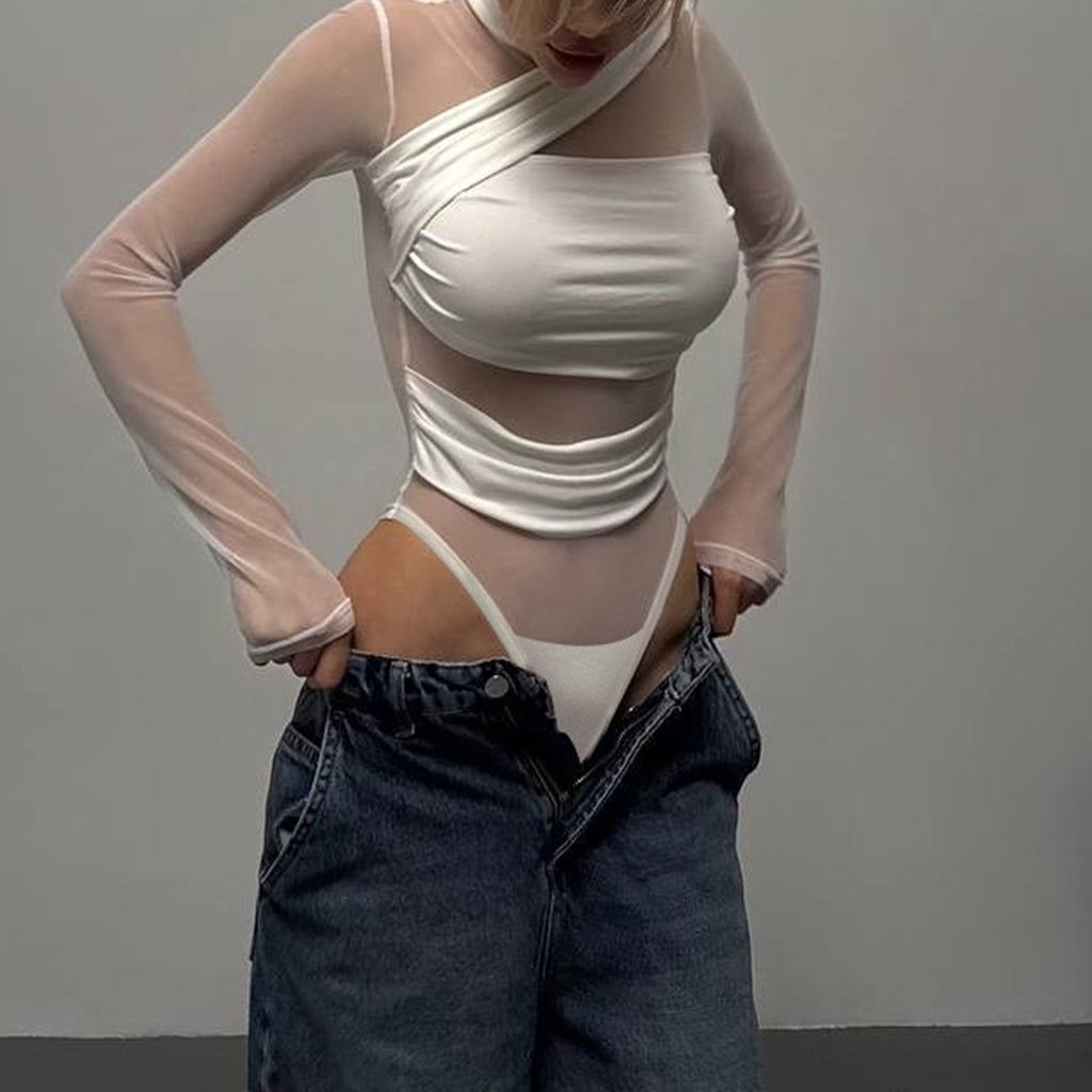 Women's Mesh See-Through Long Sleeve Bodysuit | Bandage Turtleneck Top