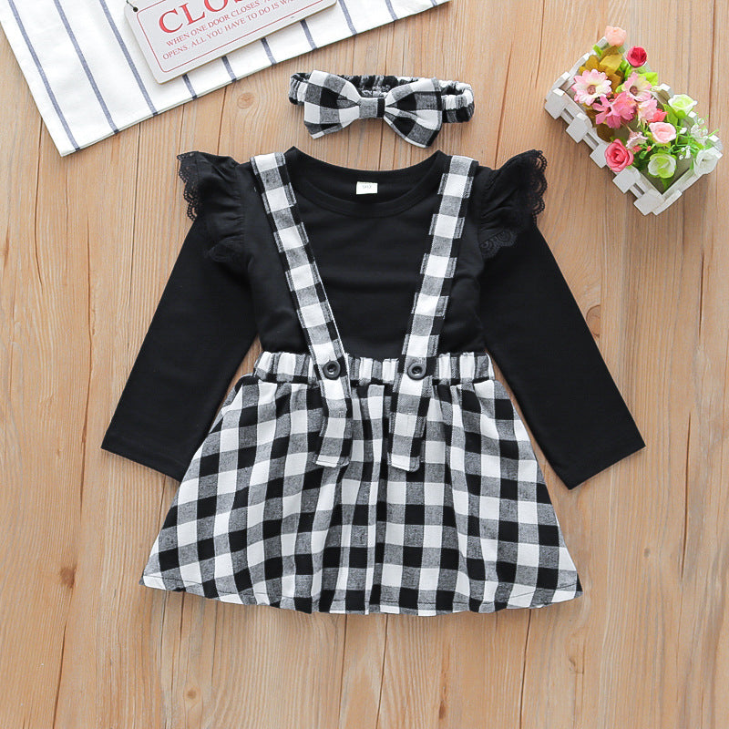 Girls' Check Sling Skirt & Lace T-Shirt Set
