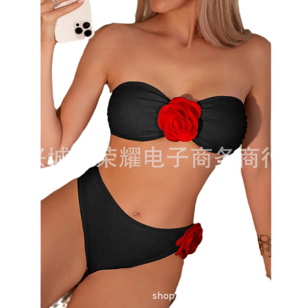 Women's Rose Tube Top Two-Piece Bikini Set