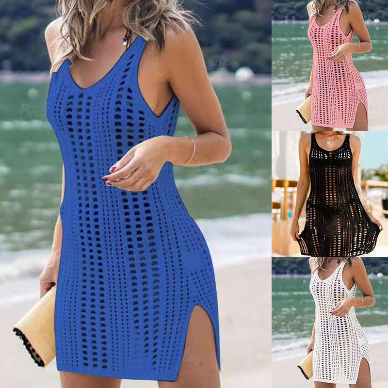 Summer Sunscreen Blouse Sexy Split Sleeveless Skirt Long Knitted Dress