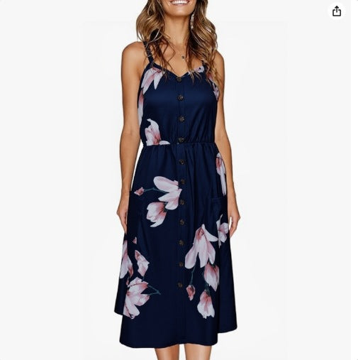 Women's Floral & Solid Strap Midi Dress – High Waist, Sleeveless, Multi-Color