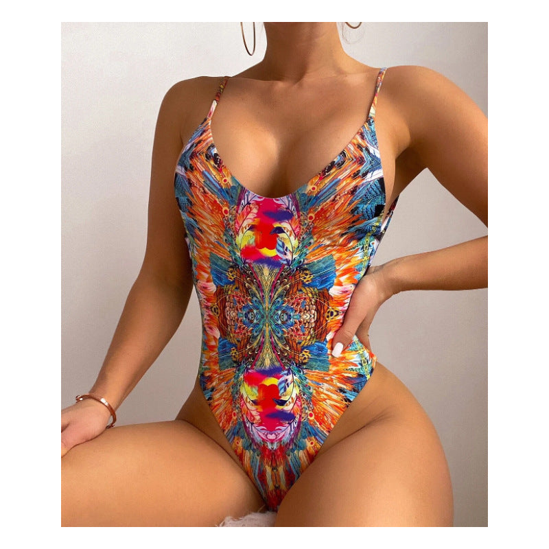 Printed Backless Halter One-Piece Swimsuit – Multicolor