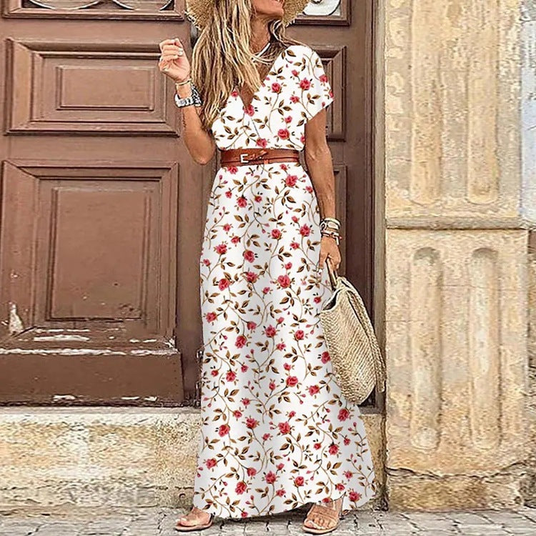Women's Bohemian V-Neck Floral Midi Dress – 9 Colors, Sizes S–3XL