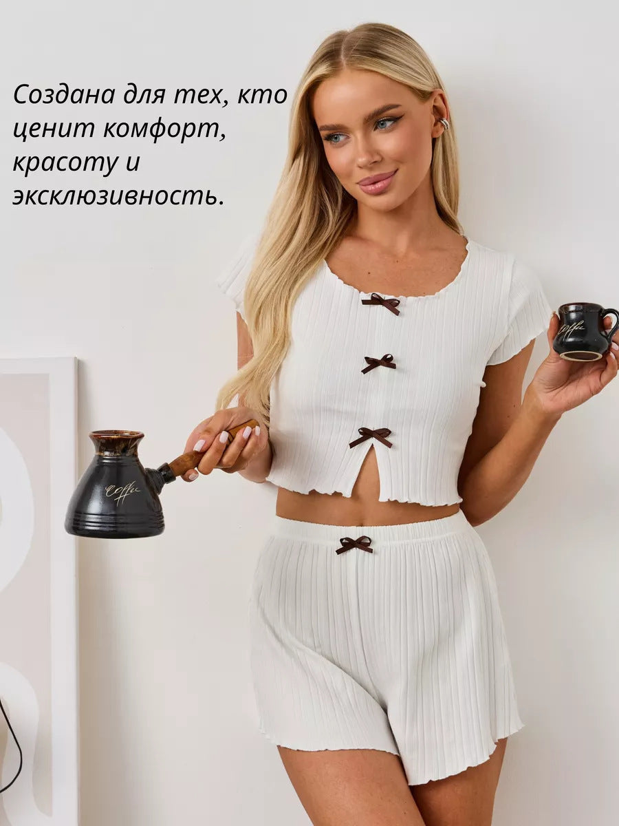 Women's Bow Knit Short Sleeve Crop Top | Sweet Slim Summer Top