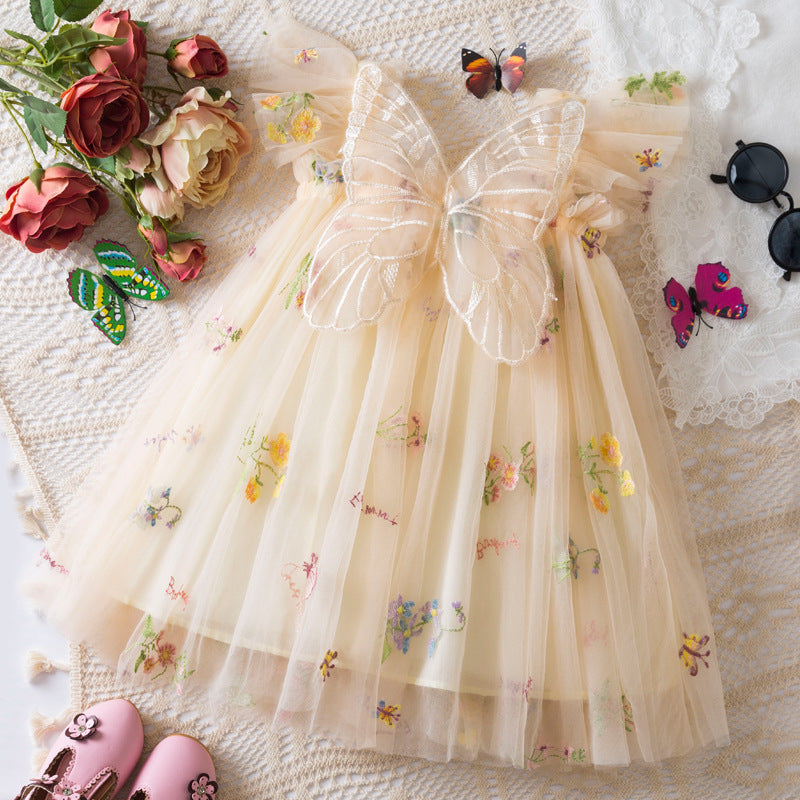 Girls' Korean Flower Embroidered Mesh Princess Dress