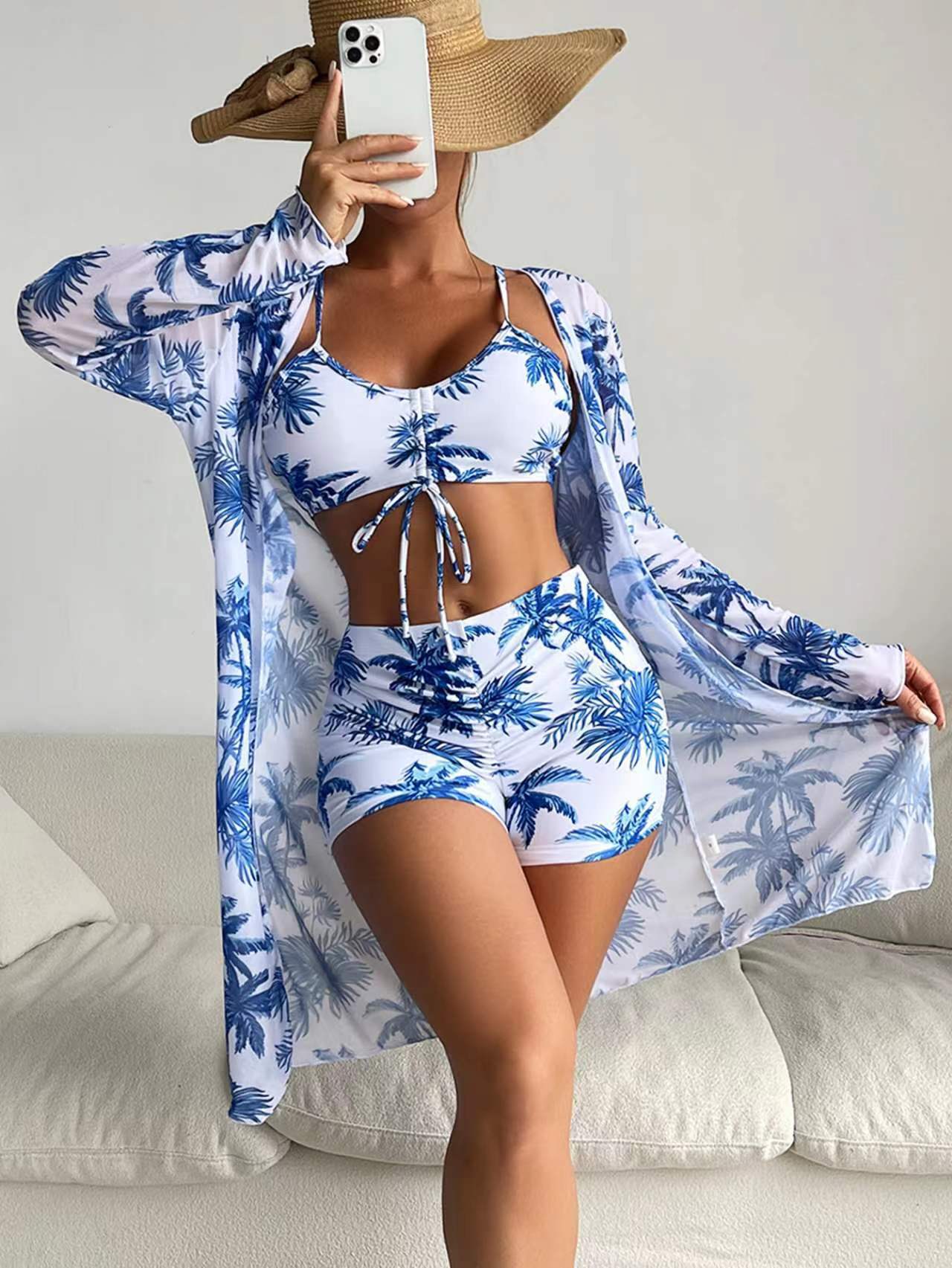 Women's 3-Piece Swimsuit Set – High Waist, Long Sleeve Cover-Up & Boy Shorts