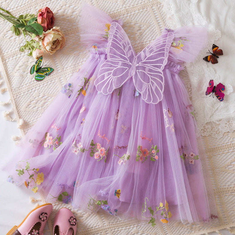 Girls' Korean Flower Embroidered Mesh Princess Dress