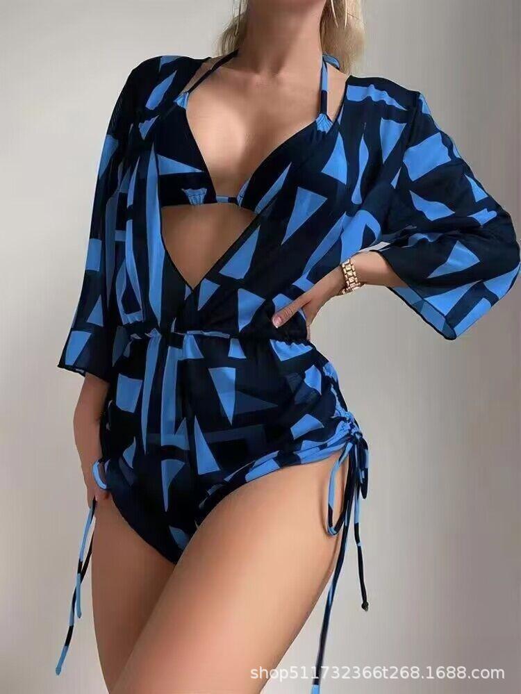 Bikini Three-Piece Set Tight Waist Lace-Up Long Sleeve Leaf Print Beach Conservative Swimsuit Sporty