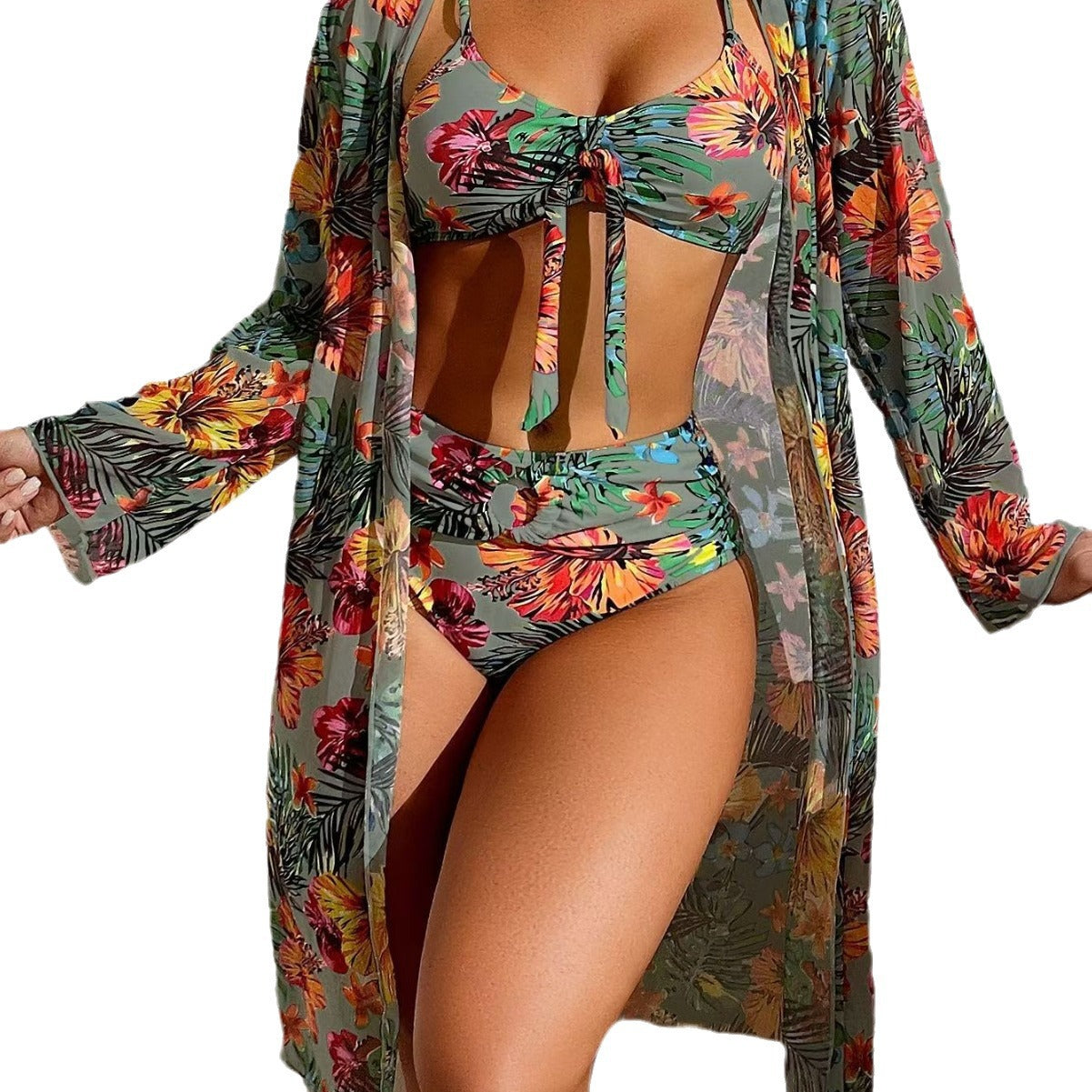 Women's Lace-Up Three-Piece Bikini Set with Mesh Skirt