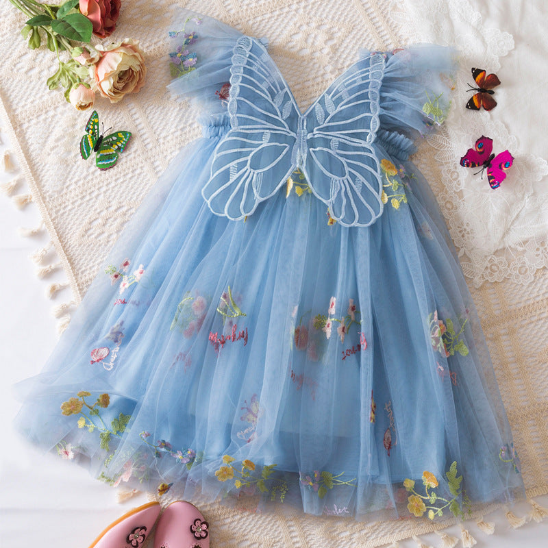 Girls' Korean Flower Embroidered Mesh Princess Dress