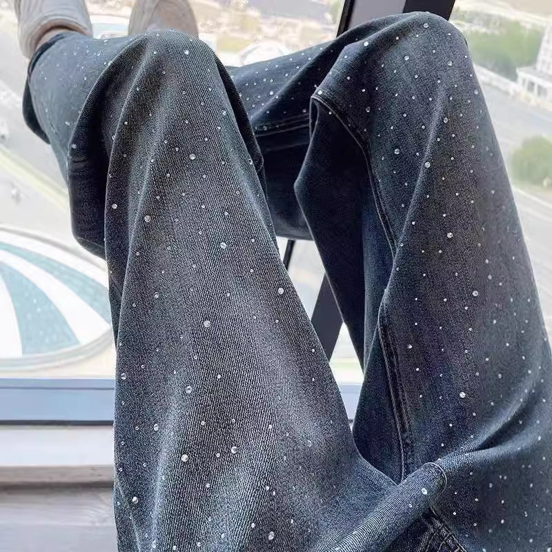 Women's High Waist Wide Leg Rhinestone Jeans | Dark Blue Straight Pants