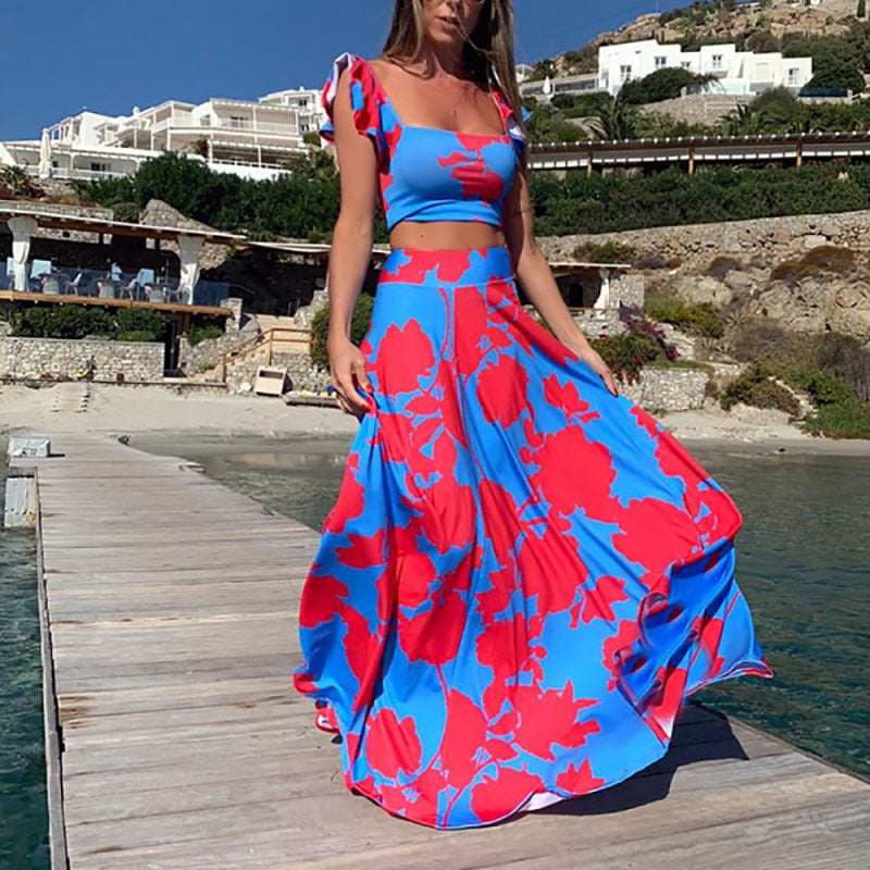 Women's Bohemian Printed Sleeveless Two-Piece Dress Set