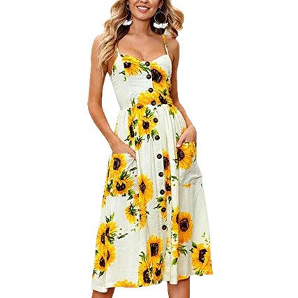Women's Floral & Solid Strap Midi Dress – High Waist, Sleeveless, Multi-Color