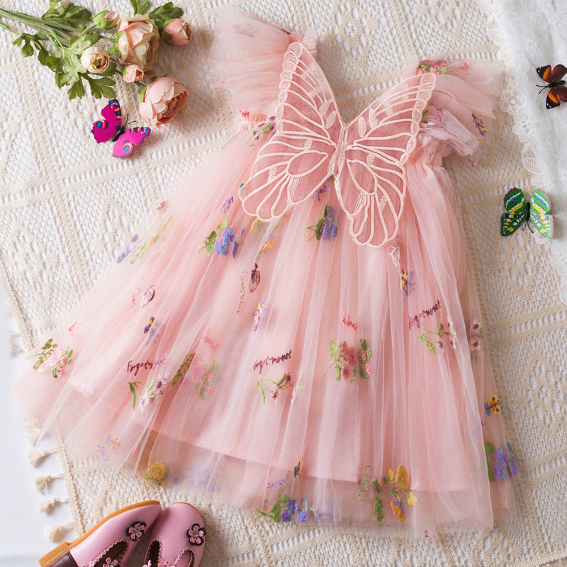 Girls' Korean Flower Embroidered Mesh Princess Dress