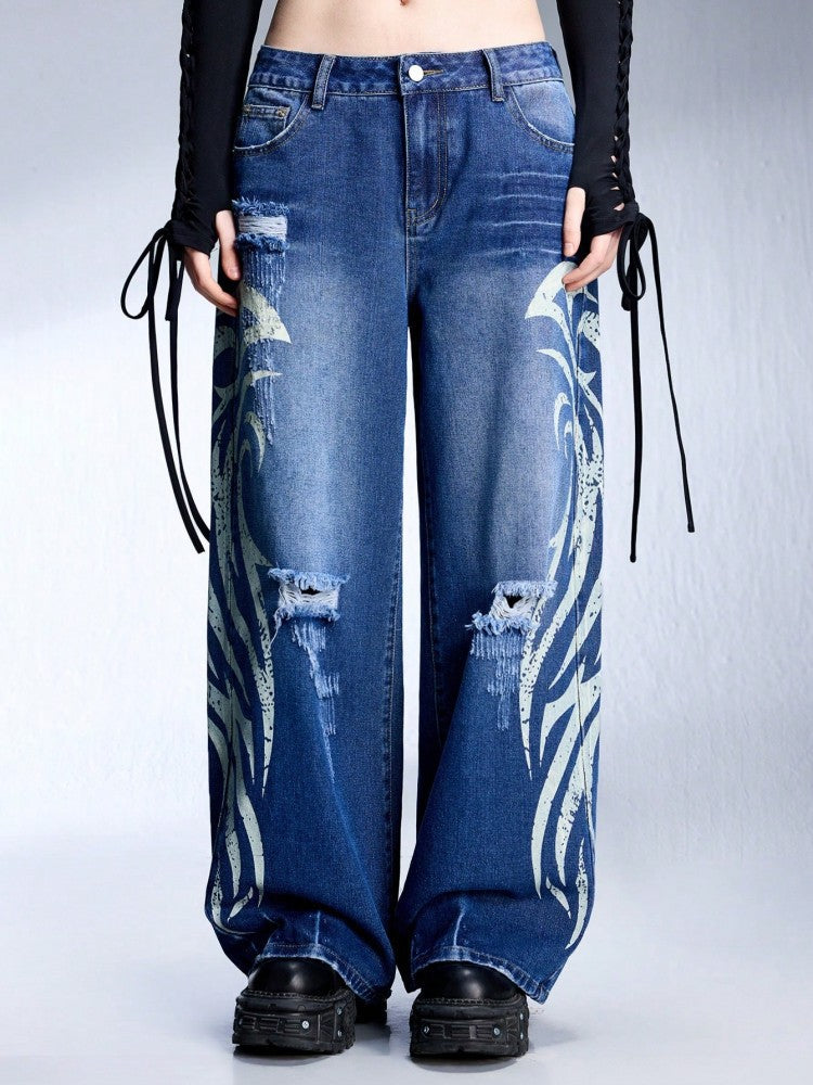 Women's Creative Pattern Printed Washed Ripped Wide Leg Jeans | Black & Blue, Sizes S–2XL