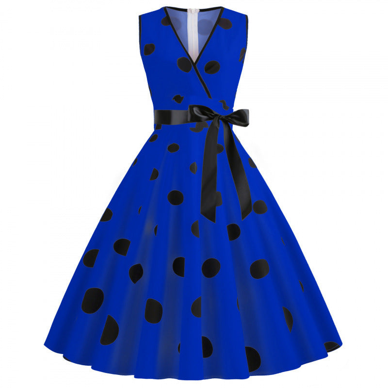 Women's Polka Dot Swing Dress | V-Neck Sleeveless Lace-Up Waist Midi Dress