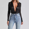 Women's Deep V-Neck Sequin Long Sleeve Top | Black & Silver | S–XL
