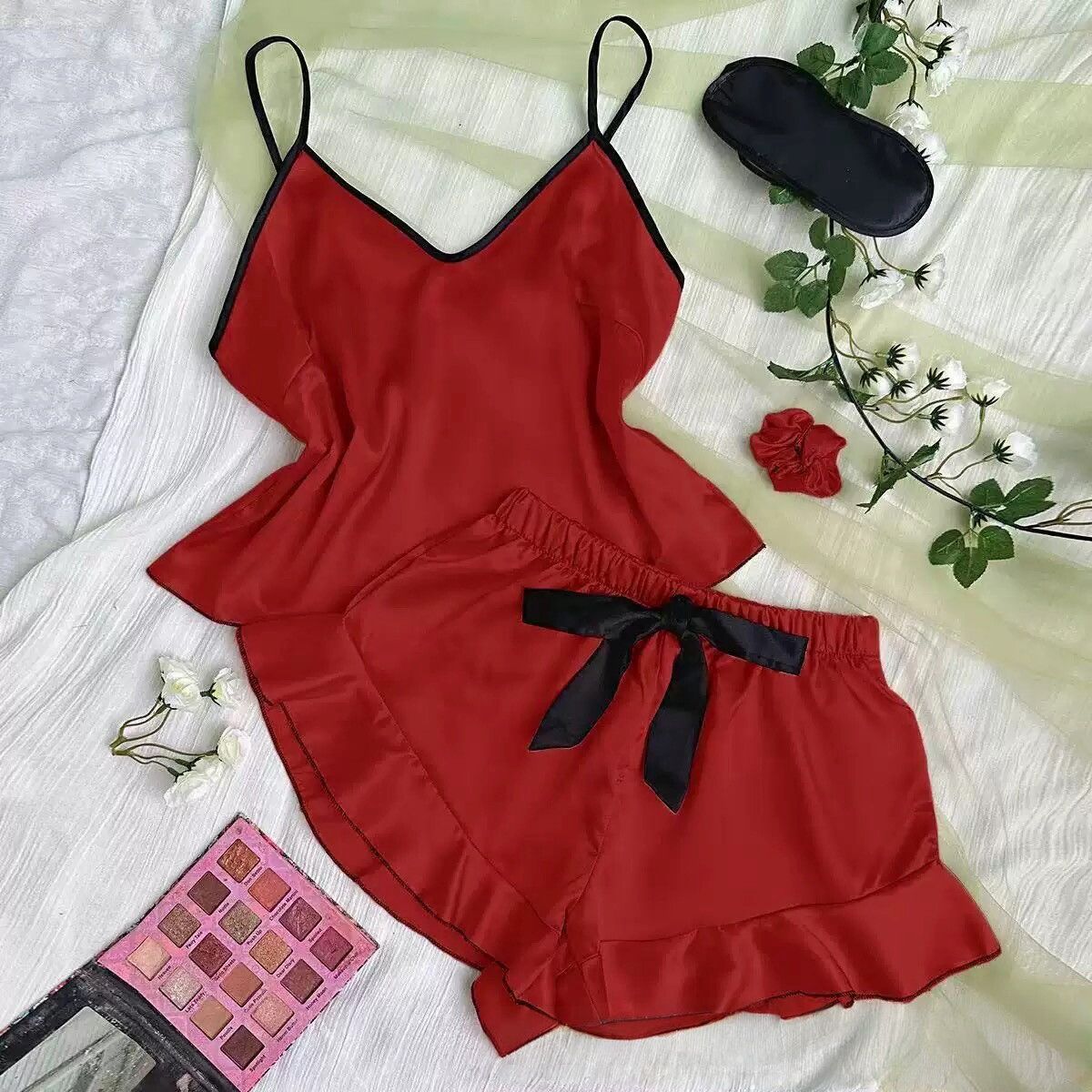 Women's Ice Silk Satin Pajama Set – Vest & Shorts | 5 Colors, Sizes S–XXL