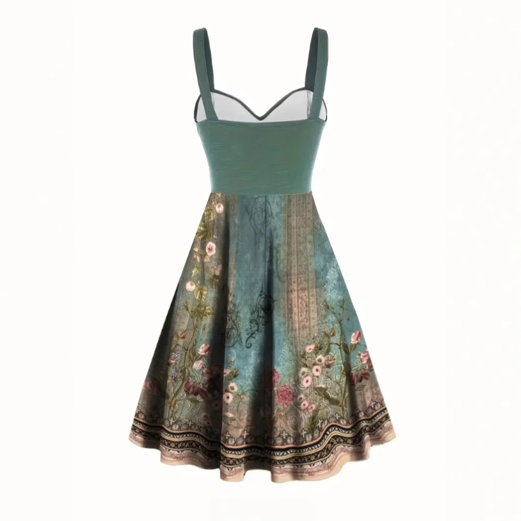 Women's Peacock Green Floral Strapless Midi Dress – Elegant Summer Style