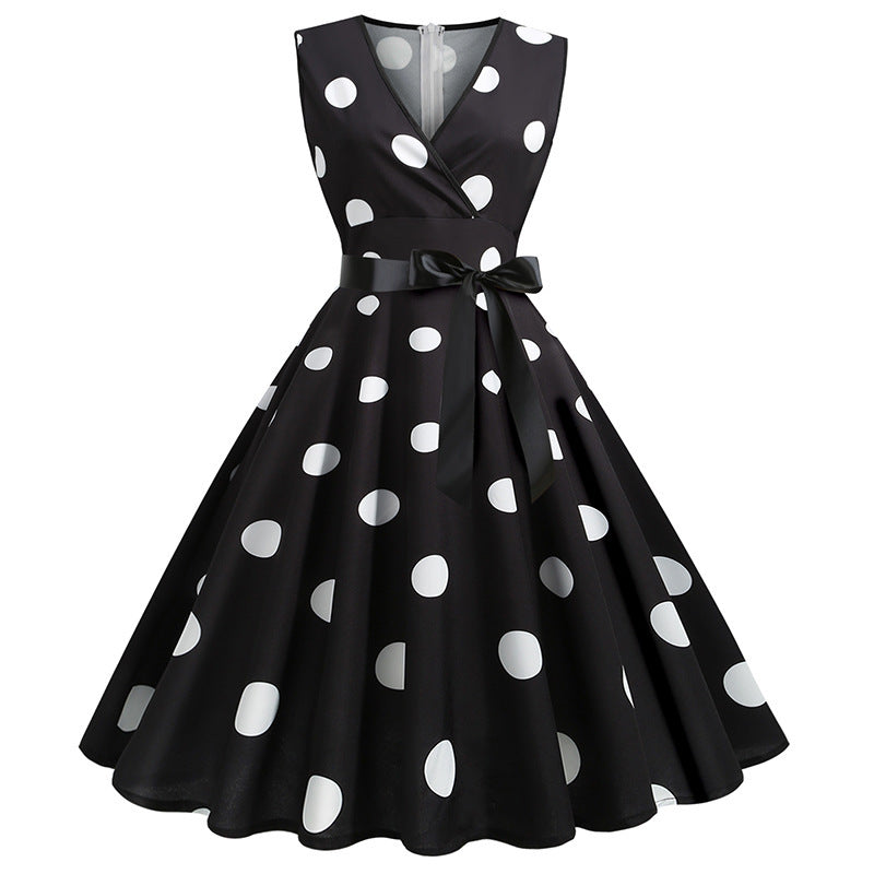 Women's Polka Dot Swing Dress | V-Neck Sleeveless Lace-Up Waist Midi Dress