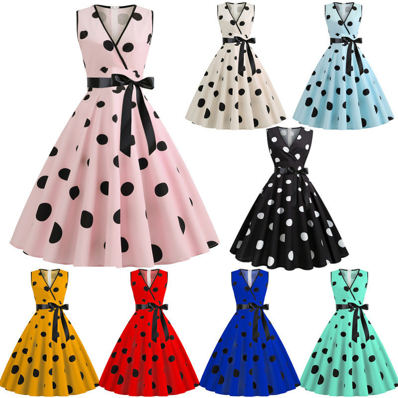 Women's Polka Dot Swing Dress | V-Neck Sleeveless Lace-Up Waist Midi Dress
