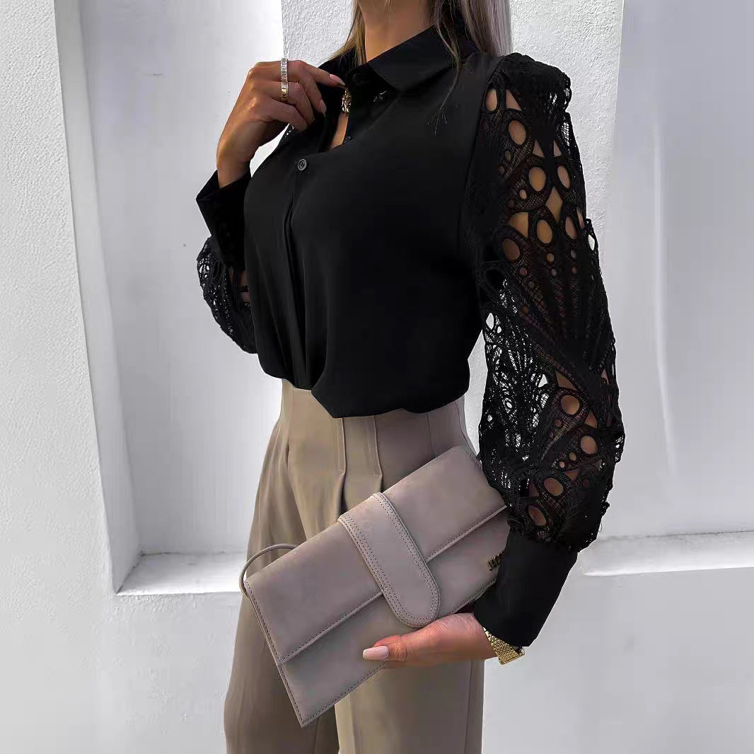 Women's Lace Stitching Blouse | Solid Color Elegant Top