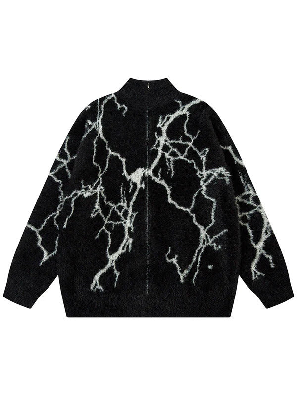Unisex Hip-Hop Lightning Jacquard Zip Cardigan | Retro Loose Streetwear Jacket