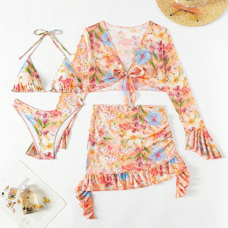 Fashion Print Beach Dress Bikini Four-piece Swimsuit Women