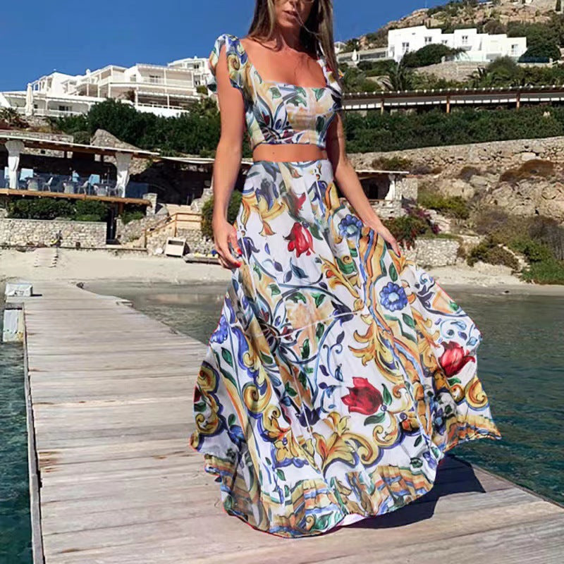 Women's Bohemian Printed Sleeveless Two-Piece Dress Set