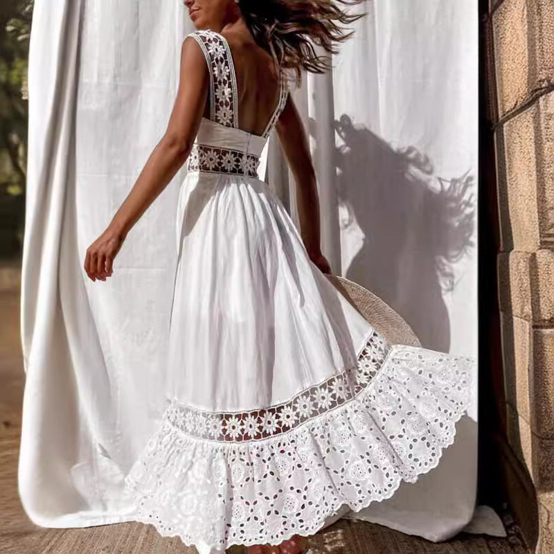 Women's Lace Sleeveless Princess Maxi Dress | High Waist U-Neck | White