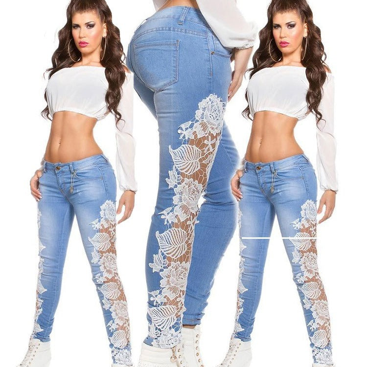 Women's Sexy Lace Cut-Out Jeans | Light Blue Lace Detail Denim