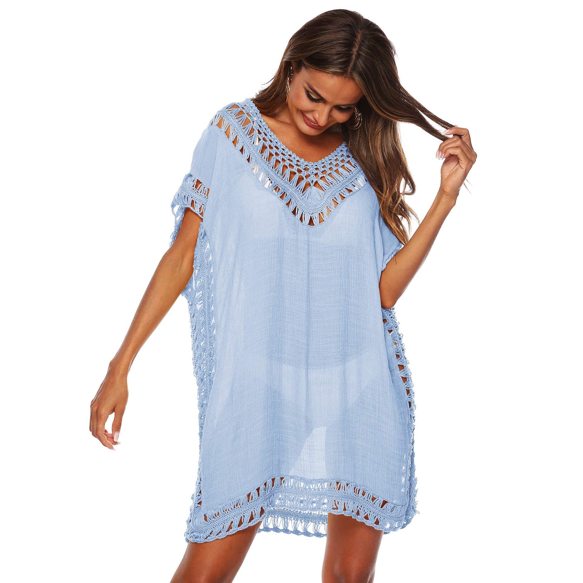 Women's V-Neck Hollow Crochet Beach Cover-Up Blouse