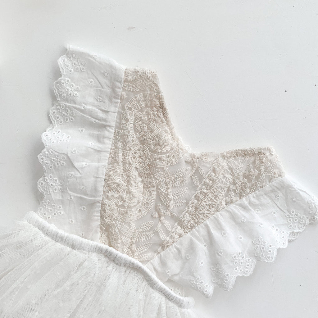 Girls' White Lace Tulle Bow Dress | Sleeveless Summer Party Dress