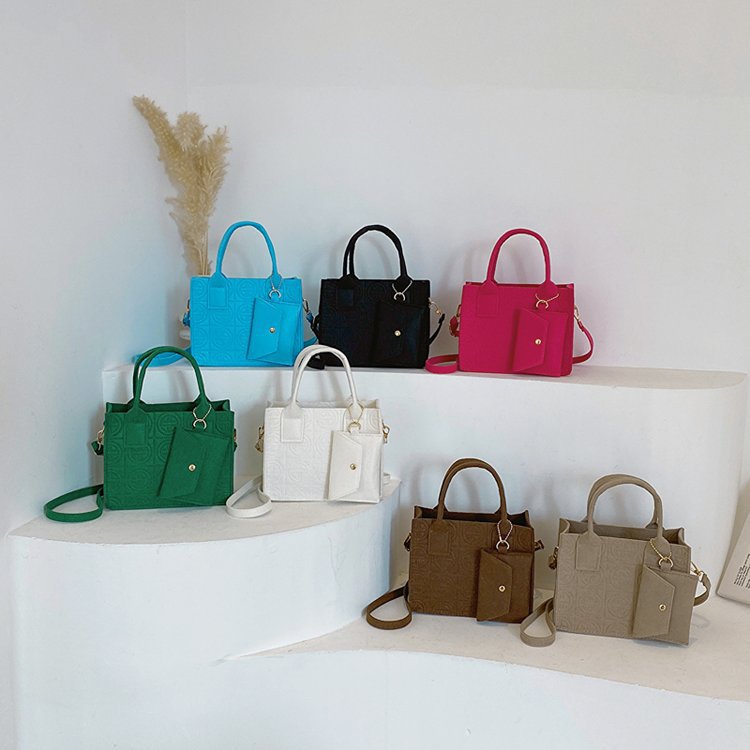 Embossed Two-Piece Handbag Set – Solid Color Tote & Pouch