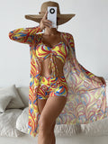 Women's 3-Piece Swimsuit Set – High Waist, Long Sleeve Cover-Up & Boy Shorts