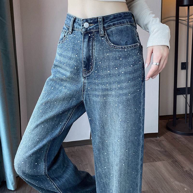 Women's High Waist Wide Leg Rhinestone Jeans | Dark Blue Straight Pants