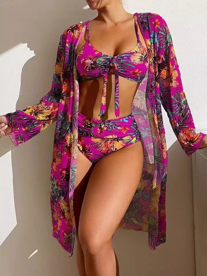 Women's Lace-Up Three-Piece Bikini Set with Mesh Skirt