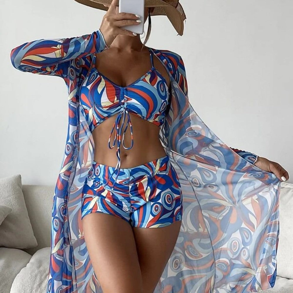 Women's 3-Piece Swimsuit Set – High Waist, Long Sleeve Cover-Up & Boy Shorts