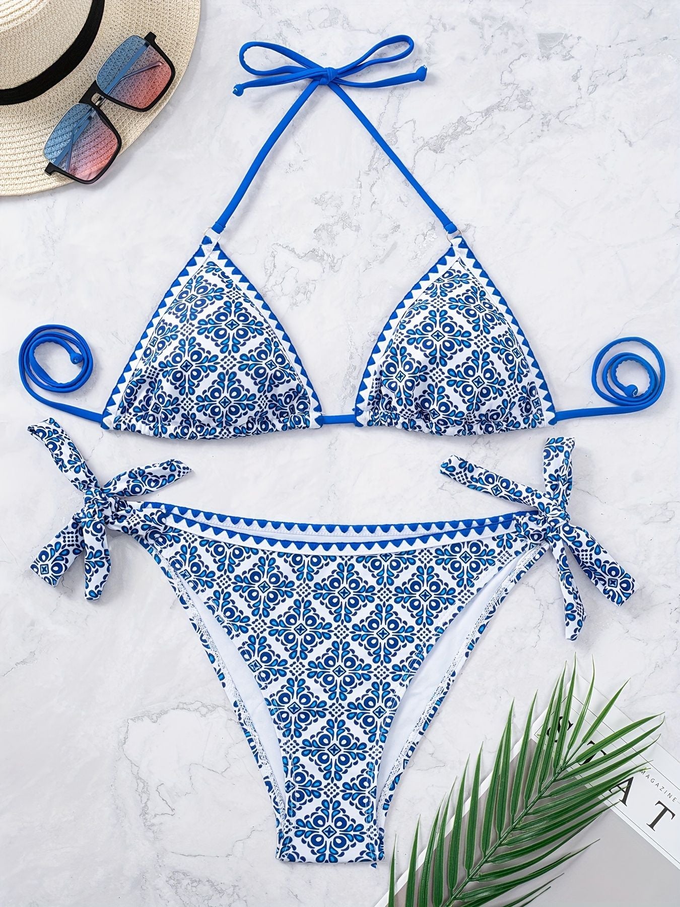 Women's Royal Blue Floral Print Two-Piece Bikini Set