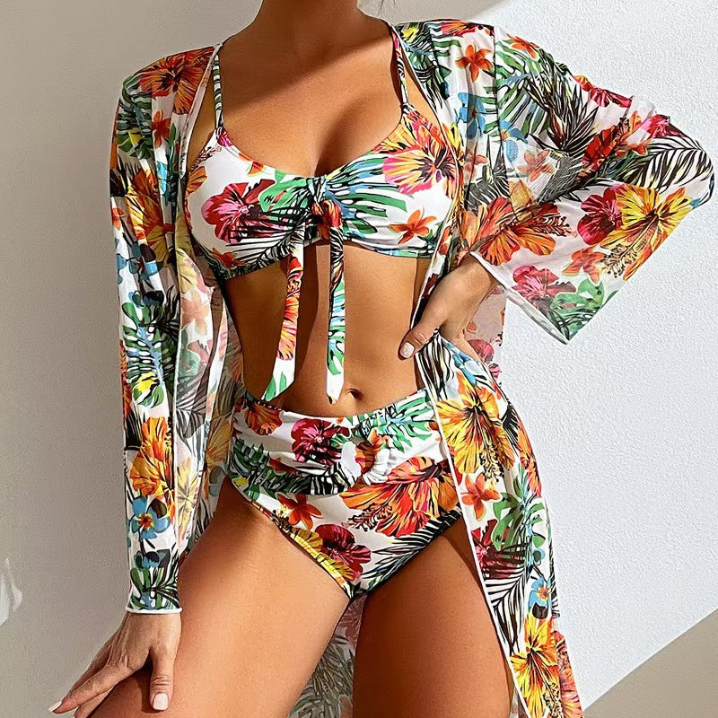 Women's Lace-Up Three-Piece Bikini Set with Mesh Skirt