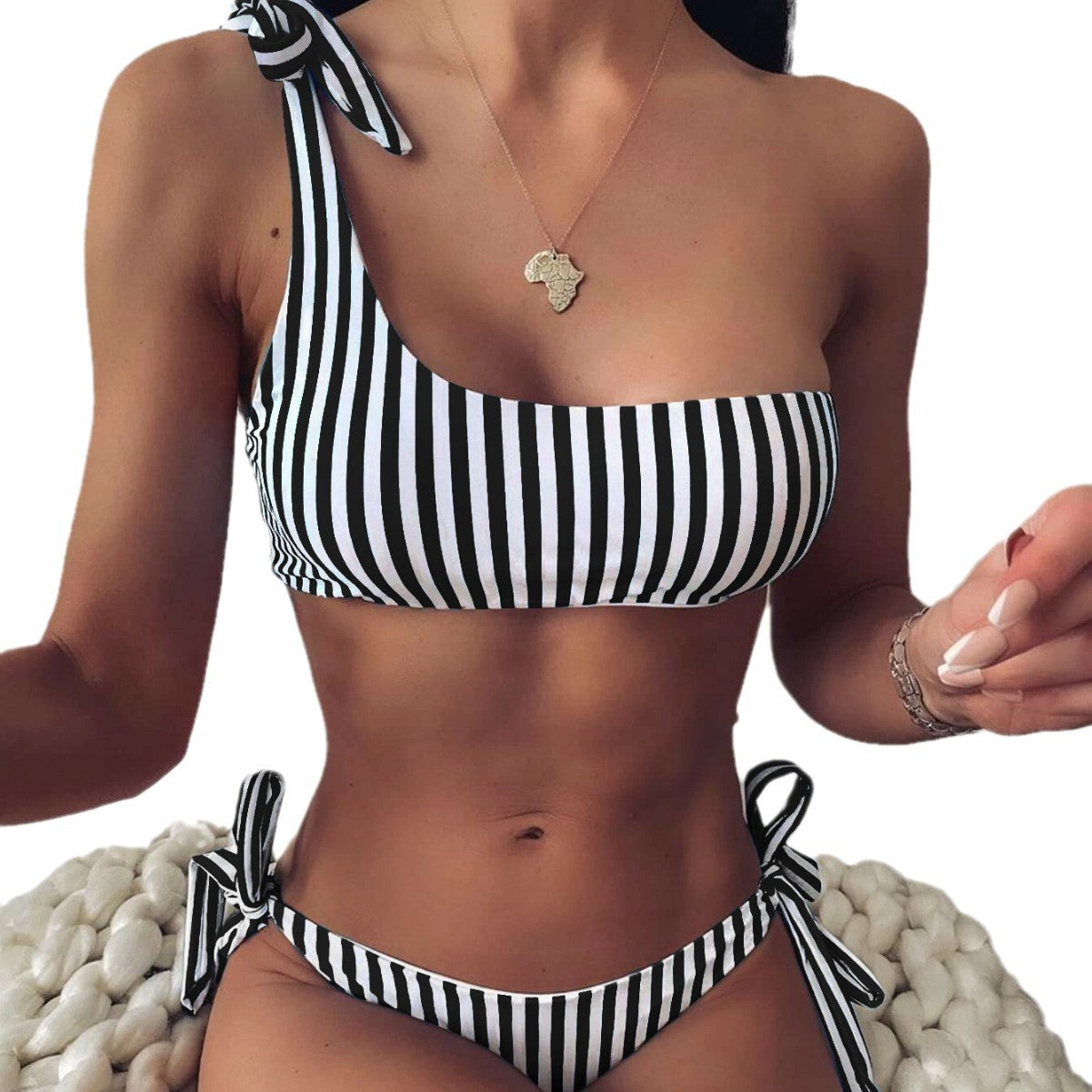 Women's One-Shoulder Lace-Up Stripe Bikini Set