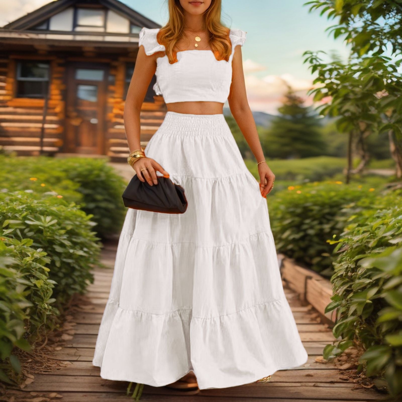 Women's Two-Piece Maxi Dress Set – Sling Top & Swing Skirt