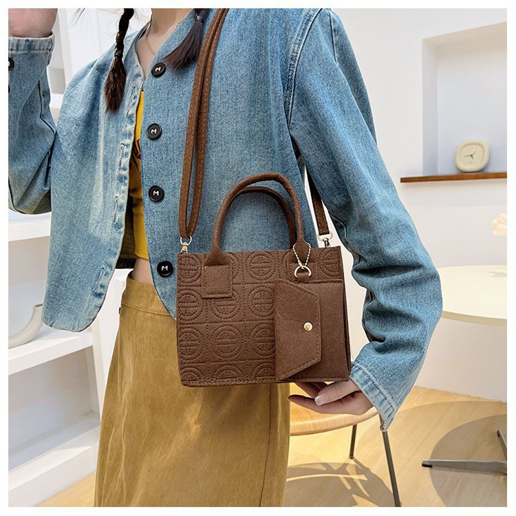 Embossed Two-Piece Handbag Set – Solid Color Tote & Pouch
